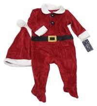 Nové - 2set - Červeno-bílý sametový overal + čepice - Santa George 