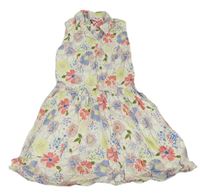 Smotanové kvetované plátenné šaty s golierikom zn. M&S