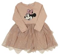 Pudrovo-staroružové bavlněno/tylové šaty s Minnie a trblietavymi bodky zn. H&M