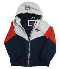 Bielo-červeno-tmavomodrá šušťáková jarná bunda s kapucňou