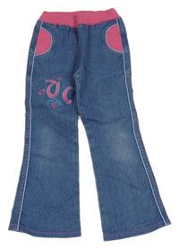 Modré flare rifle s výšivkou a ružovým úpletovým pasom