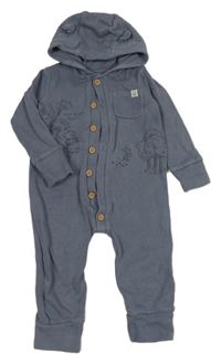 Modrošedá rebrovaná tepláková kombinéza s Pú a vreckom a kapucňou s uškami George
