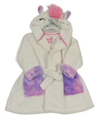 Smetanový třpytivý huňatý župan s kapucí - jednorožec Tu