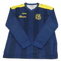 Tmavomodro-žlutý pruhovaný sportovní fotbalový dres s loptou a nápismi JAKO