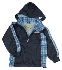 Tmavomodro-modro/kostkovaná šušťáková jarná bunda s nášivkou a odopínacíá kapucňou Topolino