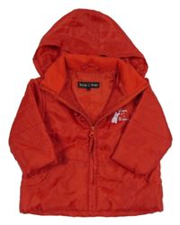 Červená šušťáková jarná zateplená bunda so zajačikom a nápismi a ukrývací kapucňou