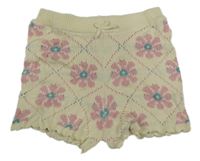 Smetanové květované kárované/perforované pletené kraťasy s mašlí RACHEL ZOE