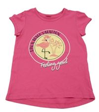 Tmavorůžové tričko s plameňákem a palmami a nápis Y.F.K.