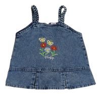 Modrý šisovaný riflový halenkový top s kytičkami a motýlky