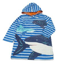 Modro-bílý pruhovaný froté župan s mořskými živočichy a kapucí Mini Boden