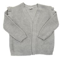 Sivý melírovaný rebrovaný svetrový cardigan so trblietkami a volánikmi PRIMARK