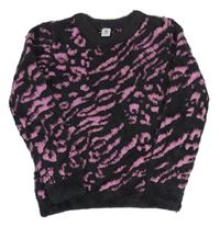 Sivo-ružový trblietavý chlpatý sveter s leopardím vzorom Tu
