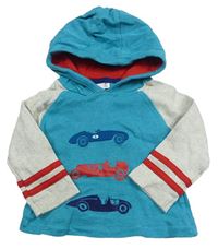 Tyrkysovo-sivé tričko s pruhmi a autami s kapucňou Miniclub