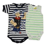 2x body - tmavomodro-biele pruhované body s Pepkem námořníkem + zeleno-bílo-světlešedé pruhované