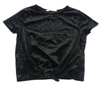 Čierne trblietavé zamatové crop tričko s uzlom H&M