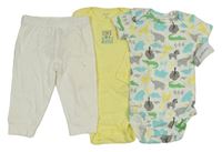 Nové - 3set - Žluto-bílé pruhované body s nápisem + bílé se zvířaty + bílé lehké tepláky Carter's