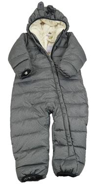 Nové - Tmavošedá melírovaná šusťáková zimní kombinéza s kapucí s medvědem Lily & Dan