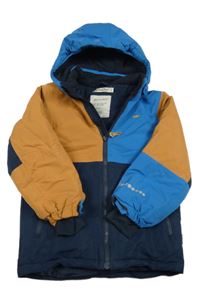 Modro-hnědo-tmavomodrá šusťáková lyžařská bunda s kapucí