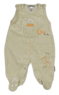 Béžovo-bílé pruhované sametové dupačky s medvěďom a vreckom