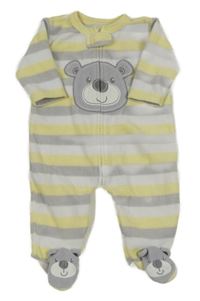Žlto-sivo-biely pruhovaný fleecový overal s medvěďom Early Days