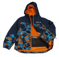 Tmavomodro-modro-oranžová vzorovaná šusťáková lyžařská bunda s kapucí Lupilu