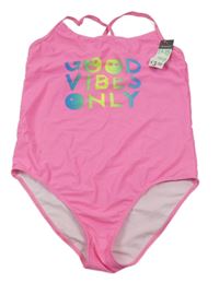 Nové - Neónově ružové jednodielne plavky s nápisom so smajlíkmi Primark