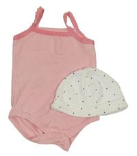 2set - Růžové body + bílá bavlněná čepice s hvězdami