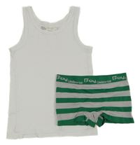 2set - Bílý nátělník - zeleno-šedé pruhované boxerky