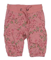 Ružové kvetované plátenné nohavice s úpletovým pasom Papagino