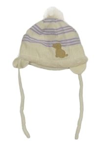 Smetanovo-fialová pruhovaná pletená zateplená čapica s psíkom a brmbolcom