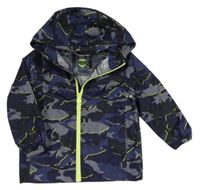 Tmavomodro-sivá vzorovaná šušťáková nepromokavá bunda s kapucňou Joules