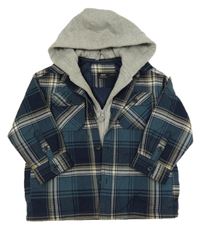 Tmavomodro-béžová kostkovaná zateplená košilová bunda s teplákovou kapucí Next