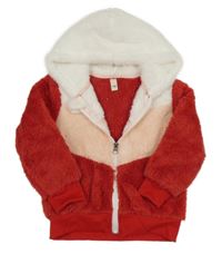 Červeno-bílo-světlerůžová chlupatá propínací mikina s kapucí 