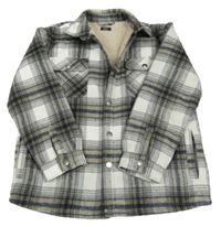 Šedo-bílo-tmavomodrá kostkovaná vlněná zateplená košilová bunda Next