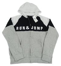 Nové - černo-šedo-bílá propínací mikina s nápisem a kapucí 