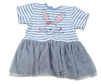 Modro-bílo-modrošedé bavlněno/tylové tričko s pruhy a králíkem