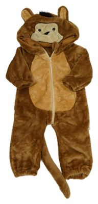 Kostým - Hnědá plyšová kombinéza s kapucí a ocasem - Opička
