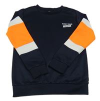 Tmavomodro-bielo-oranžová športová mikina s nápisom