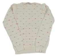 Bílo-mintovo-růžový svetr s 3D puntíky a volánky