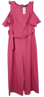 Nové - Dámský tmavorůžový culottes kalhotový overal s volnými rameny a páskem George 