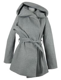 Dámský šedý flaušový kabát s páskem a kapucí Amisu 