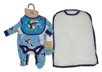 Nové - 5 Set - Modré dupačky s tukanem + pruhované body + čepice + rukavice + bryndák 