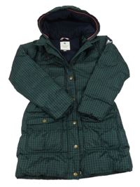 Tmavozeleno-černý kostičkovaný zimní šusťákový kabát s kapucí 