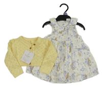 Nové - 2Set - Bílé plátěné šaty s králíčky + žluté perforované svetrové bolérko 