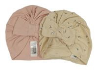 2x turbanová čepice - světlerůžová + světlebéžová s kvítky 