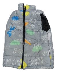 Šedá šusťáková zateplená vesta s nápisy a vzorem