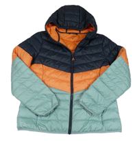 Tmavomodro-oranžovo-svetlozelená šušťáková prešívaná zimná bunda s kapucňou Denim