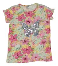 Farebné kvetované tričko s motýlem z flitrů Dopodopo