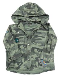 Khaki-šedá army riflová bunda s dinosaurem s kapucí Next