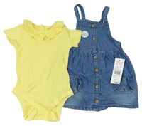 2Set - Modré rifľové prepínaci šaty s čumáčky/kapsami + žlté rebrované body s volánikom F&F